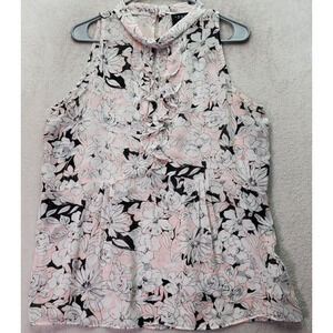 Laundry by Shelli Segal Blouse Women Sz 10 Pink Floral Sheer Keyhole Ruffle Trim